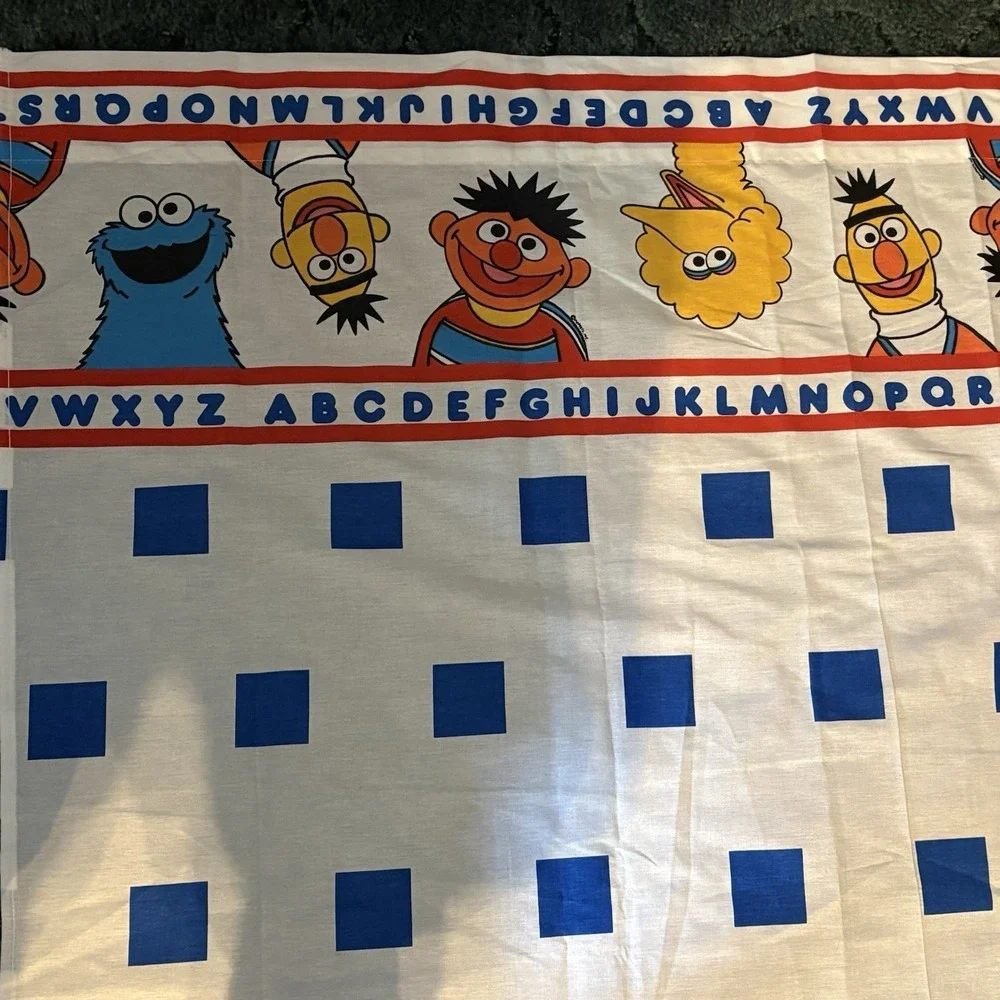 VTG Sesame Street Twin Size Flat Sheet Characters ABCs Blue Checkers Classic